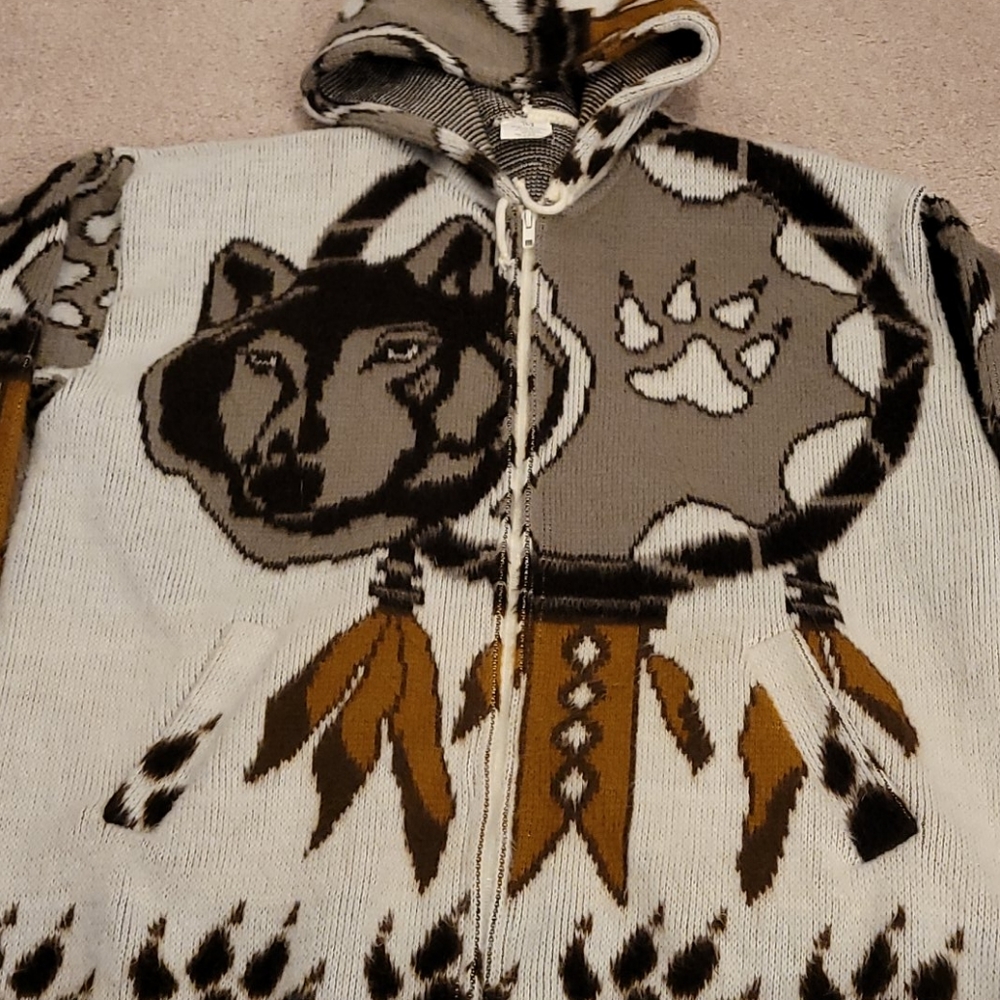 Warm Wool wolf zip up hoodie, handmade size M